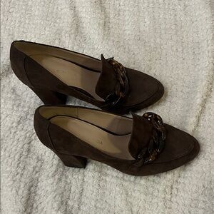 Pelle Moda Brown Suede Heels with Chain Detail